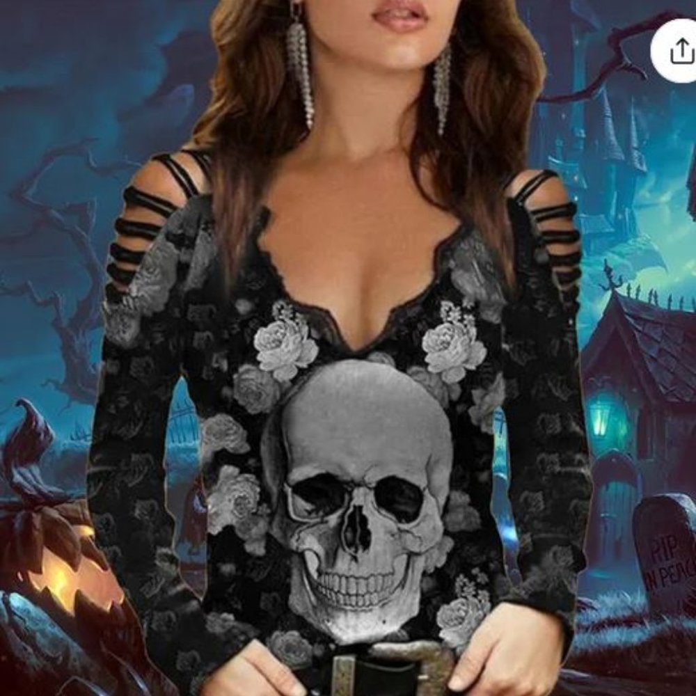 NEW~ Cut-out Shoulder Long Sleeve Rose Pattern 3D Printed Halloween TEE~Lrg